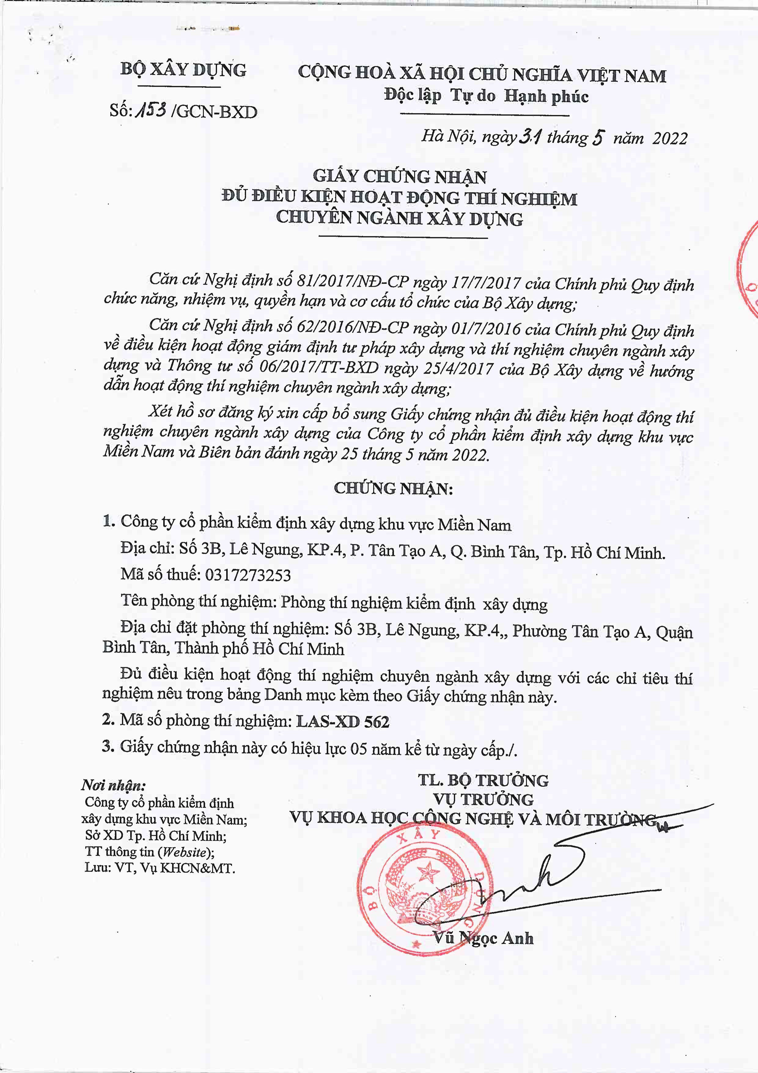 CÔNG BỐ NĂNG LỰC HOẠT ĐỘNG THÍ NGHIỆM CHUYÊN NGÀNH XÂY DỰNG